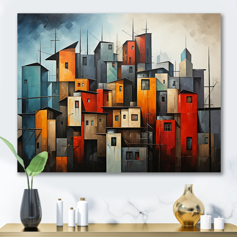«Cubist Urbanism Horizon III», art mural cubiste pour le salon, Toile tendue, H 24 po x l 32 po x P 1 po