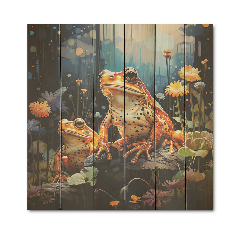 Couple de crapauds à la nuit I - grenouilles et crapauds, art mural sur bois de pin naturel, H 36 po x l 36 po