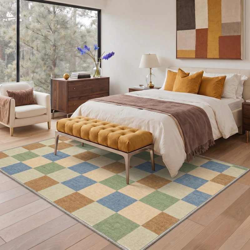 Tapis beige / vert à carreaux lavable à la machine avec envers antidérapant, Rectangle 5 pi x 7 pi