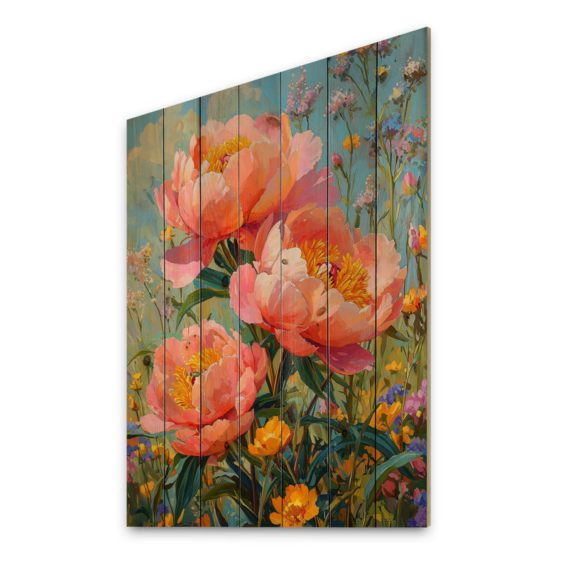 Peonies In The Wildflower Patch II - Peonies Wood Print - On Natural Pine Wood, 20" H x 10" W x 0.78" D