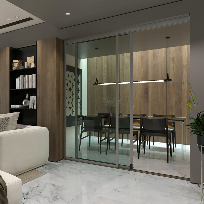 Paravent à panneau coulissant en verre transparent - Structure en aluminium avec technologie Silent Glide, L 60 po x H 80 po