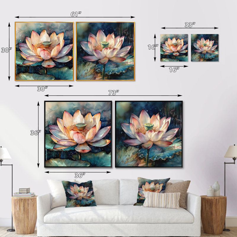 Orange Lotus Floral Dreams - lot de 2 lotus carrés, Cadre flottant noir, H 16 po x l 33 po