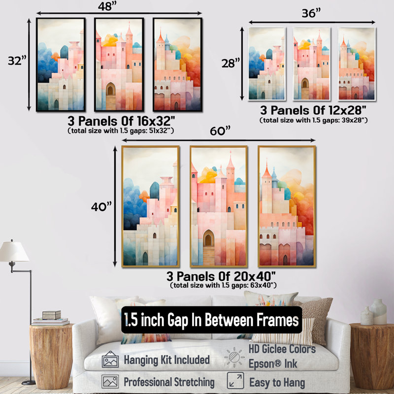 «Bold Pink Pastel Castle - Castles», ensemble d'art sur toile, H 40 po x l 60 po x P 1 po, Cadre flottant blanc