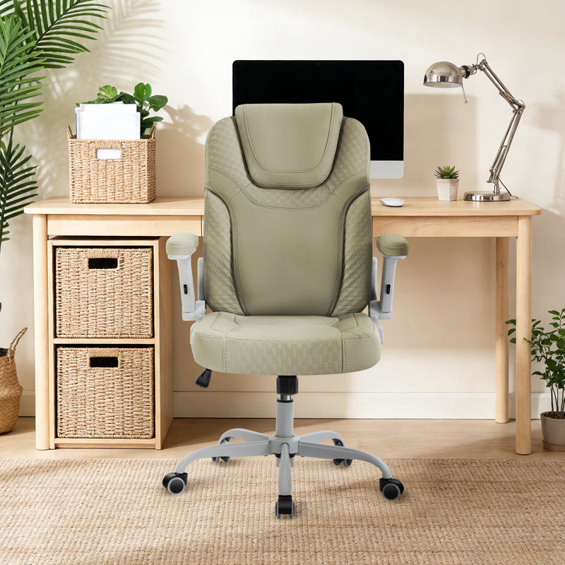 Green Office Chair Ergonomic Desk Chair with Lumbar Support, Flip-Up Arms, Adjustable Swivel Computer Chair with Wheels, PU Leather Executive Task Chair for Home Office Small Space