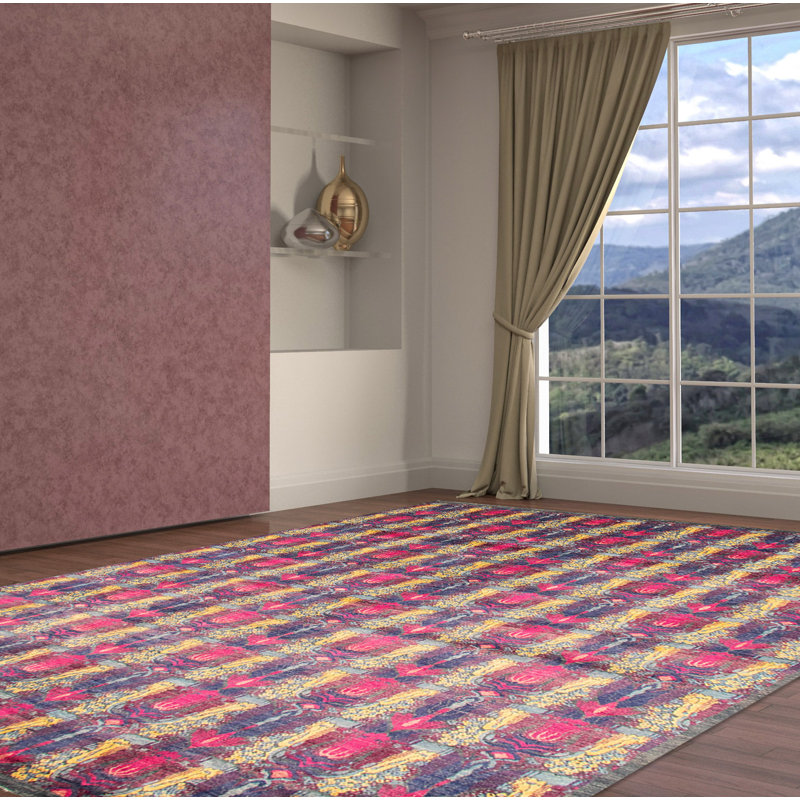 Tapis décoratif en laine de conception unique noué à la main New Age Lahore-gris foncé/rose foncé de conception unique 8 pi 2 po x 10 pi 3 po Azlynne