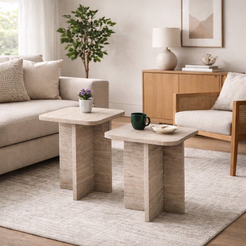 Travertine Look Square Nesting Coffee Table Set of 2 Modern Small End Table for Living Room
