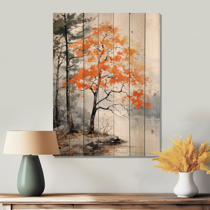 «Orange and Gray Forest Autumn Elegance I» sur impression sur bois, H 40 po x l 30 po x P 0,78 po