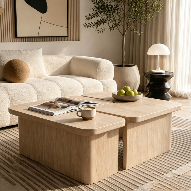 Ensemble de 2 tables basses modulaires en travertin, ensemble de tables gigognes en forme de L et de coin, Beige