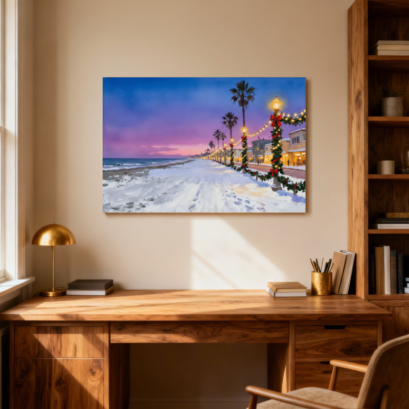Christmas Snowy Beach Christmas Lights Palm Trees, H 28 po x l 40 po