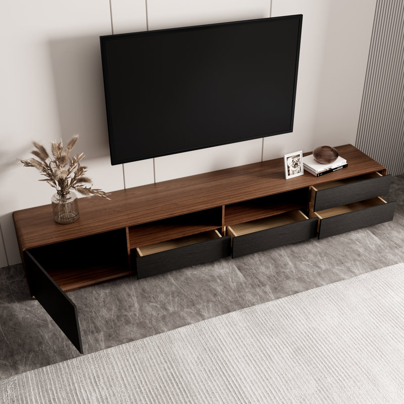  Walnut Veneer TV Stand with 4 Drawers, Brown/Black, 94.49"