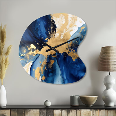 Dark Blue and Gold Strokes VIII - Unique Shape Fractals Metal Clock, Asymmetrical Metal Clock Print