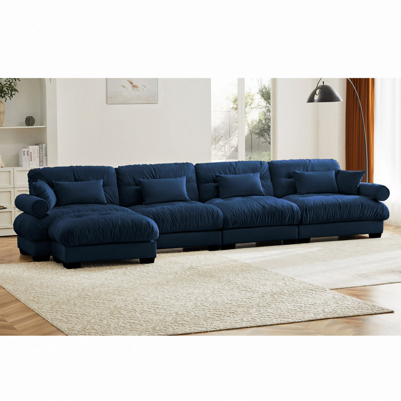 Polyvalent en forme de L avec revêtement moelleux et coussins multiples, H 35 po x l 166 po x P 61,8 po, Bleu