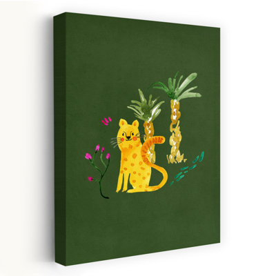 Smiling Safari Cat Playful Whimsical Abstract Palm Tree Cat Flower Nature Wall Art Print by Abigail Morales - Wrapped Canvas Print