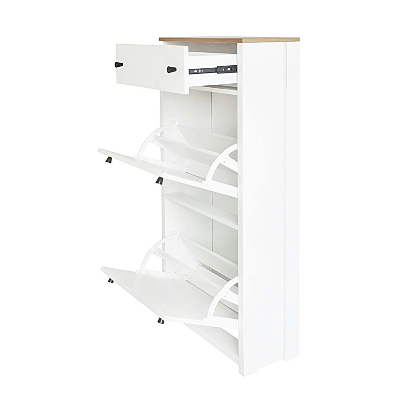 Rangement fonctionnel pour hall d'entrée avec 2 tiroirs rabattables, armoire à chaussures avec tiroir à motif grain de bois et étagère à chaussures avec panneau réglable