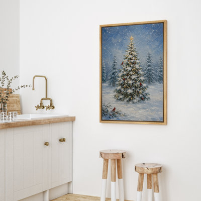 Arbre de Noël illuminé avec des cardinaux rouges dans la neige, reproduction d'art sur toile encadrée