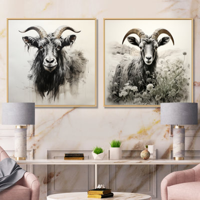 Black Charcoal Goat Portrait I - Goat Canvas Prints Set Of 2