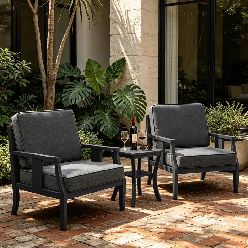 Ensemble de patio d'extérieur pour deux personnes en teck avec coussins et table d'appoint Louque, Gris foncé, Noir