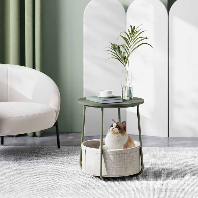Petite table de chevet avec panier en tissu Vyvy, Vert forêt/blanc