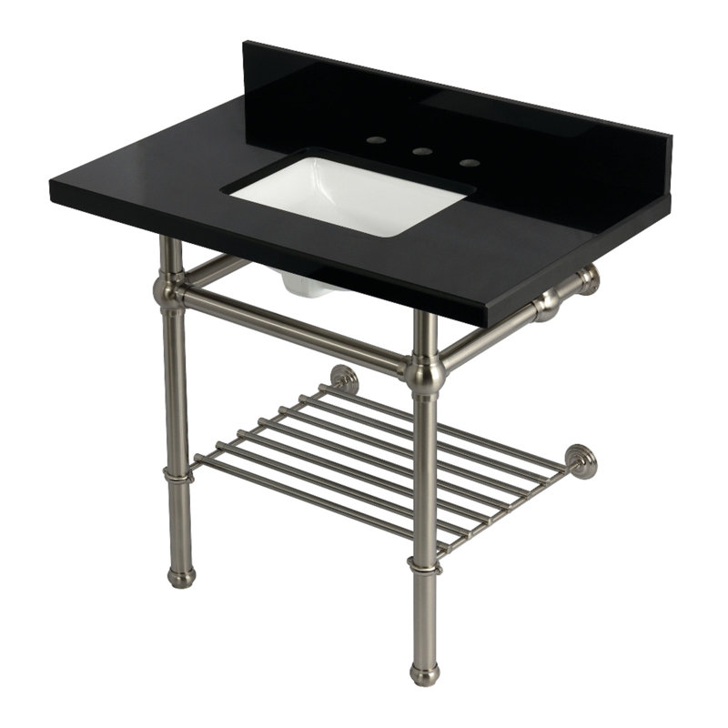 Kingston Brass Templeton 36-Inch Black Granite Console Sink with Brass Legs and Shelf (8-Inch, 3-Hole)