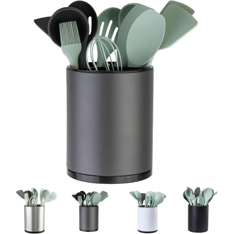 Extra Large 360° Rotating Stainless Steel Utensil Holder - 3-Compartment Grey Counter Caddy, Grey