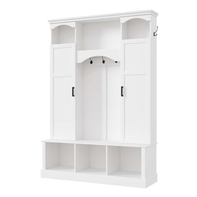 Modern All-In-One Hall Tree With Adjustable Shelves, Classic Arched Farmhouse Storage Bench With Dual Side Cabinets, Elegant Entryway Organizer With 7 Hooks For Mudroom, Hallway