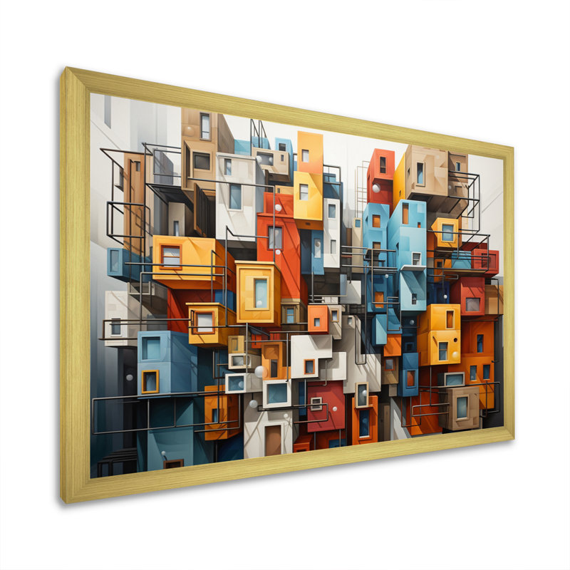«Cityscape Bluiding Geometric Collage I», reproduction sur toile, Cadre doré à une seule photo, H 34 po x l 44 po x P 1,5 po