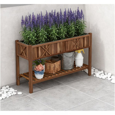 Lit de jardin surélevé à deux niveaux, jardinière en bois surélevée, avec tablette de rangement, trous de drainage et doublure