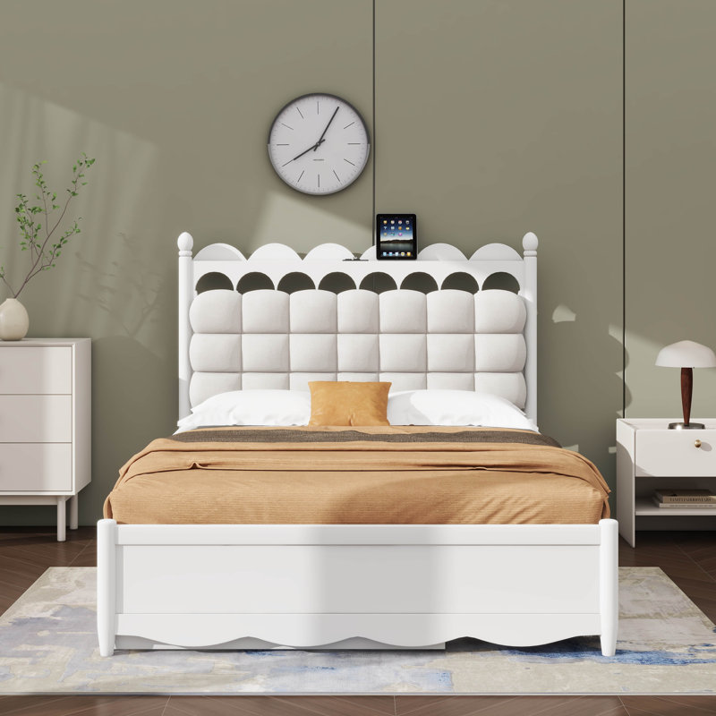 Grand lit plateforme en bois avec tiroirs doubles spacieux et commode simple TG, Blanc