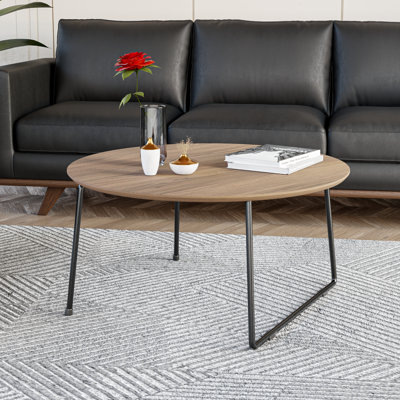 17 Stories Pemborke 31" Round Coffee Table – Oak Wood Top with Powder-Coated Iron Base, Modern Compact Living Room Center Table for Home and Office