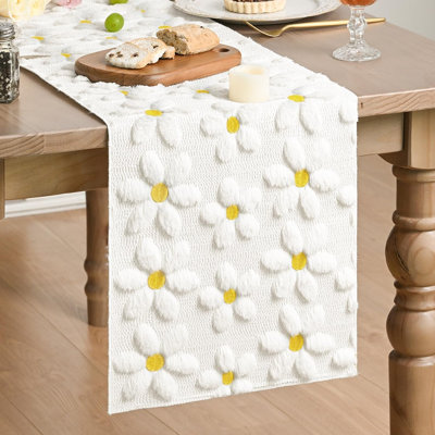Faux Fur Table Runner – White – Soft Plush Jacquard With Daisy Embroidery, Spring Decor For Kitchen, Dining & Home Parties