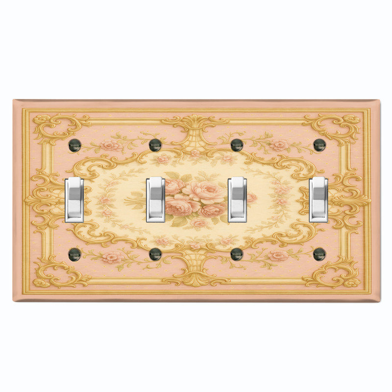 Couvercle de plaque d'interrupteur en métal; Bascule à 4 bandes US standard - fleurs damassées rétro, # 4 Quad bascule