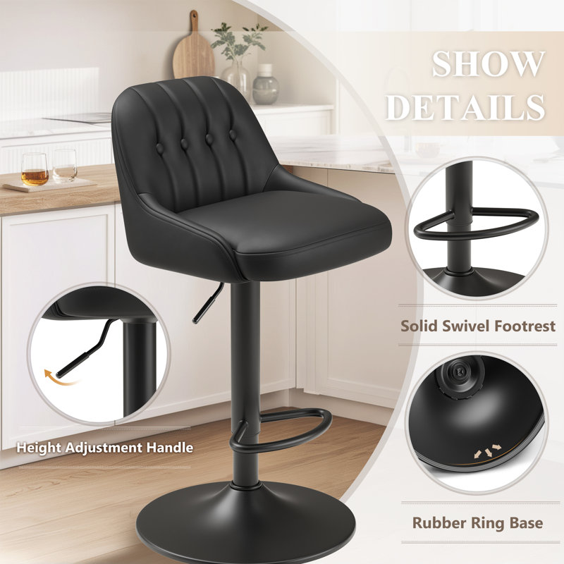 Tabourets de bar pivotants ajustables avec dossier en cuir PU capitonné, Noir, 6