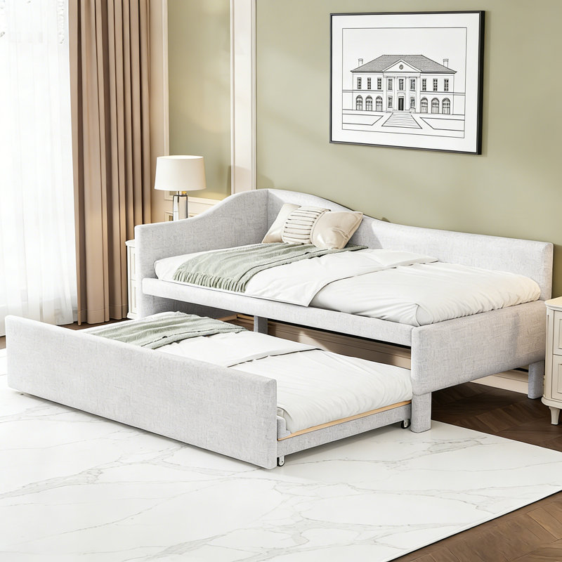 Twin L-Shaped Daybed With Pop-Up Trundle, Beige