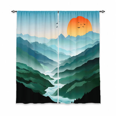 Rideaux de paysage coucher de soleil 2 pièces Mountain River, tissu double saison, motif circulaire rétro et mystérieux, filtrage de la lumière et protection de la vie privée, conception à passe-tringle, convient au salon, à la chambre à coucher, au balcon et à la cuisine