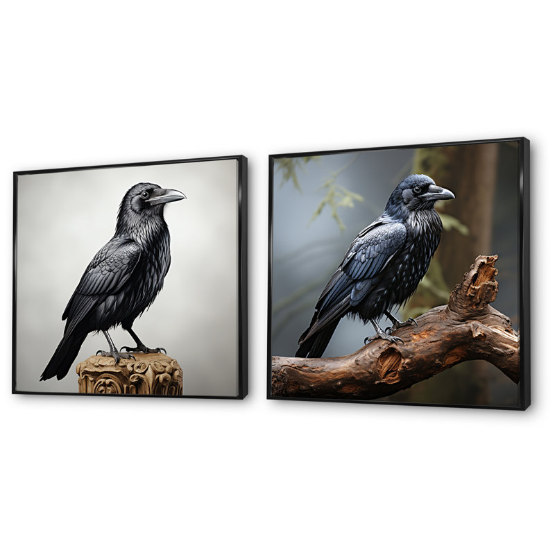 Mysterious Raven Guardian I - Ensemble de 2 impressions sur toile Raven, Cadre flottant noir, H 16 po x l 33 po x P 1 po