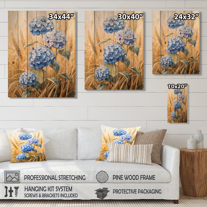 Hortensias dans la récolte de maïs - Art mural en bois d'hortensias - sur bois de pin naturel, H 20 po x l 10 po x P 0,78 po