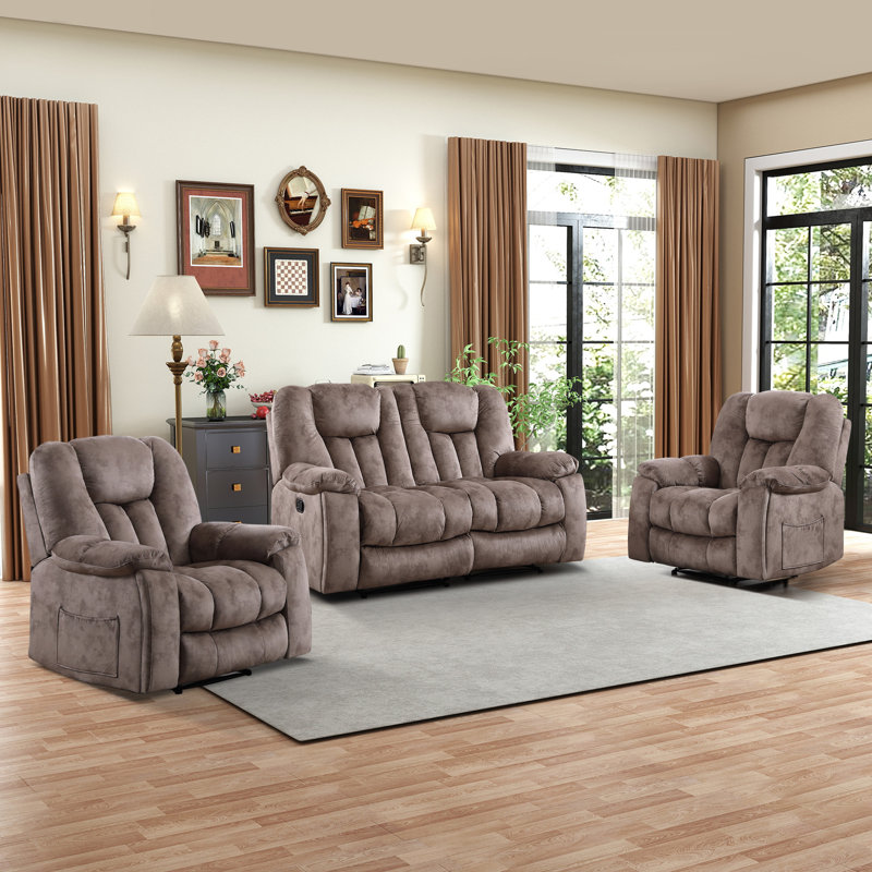 Ensemble de salon inclinable en microsuède 3 pièces avec porte-gobelets, Brun