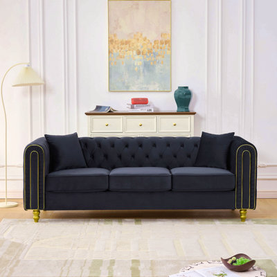 86" Modern Loveseat Sofa,3 Seater Couch Comfy Velvet Sofa Button Tufted Rolled Arms And Gold Legs,Chesterfield