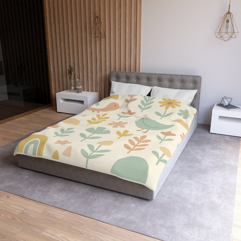 Microfiber Duvet Cover Boho Style, Design 25, Twin Duvet Cover, Yellow/Green/Beige/White