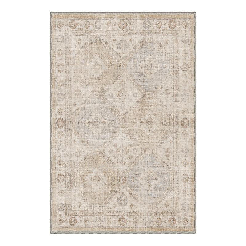 Paillasson traditionnel oriental beige/ivoire performant à poils courts, lavable et antidérapant, Rectangulaire 2 pi x 3 pi