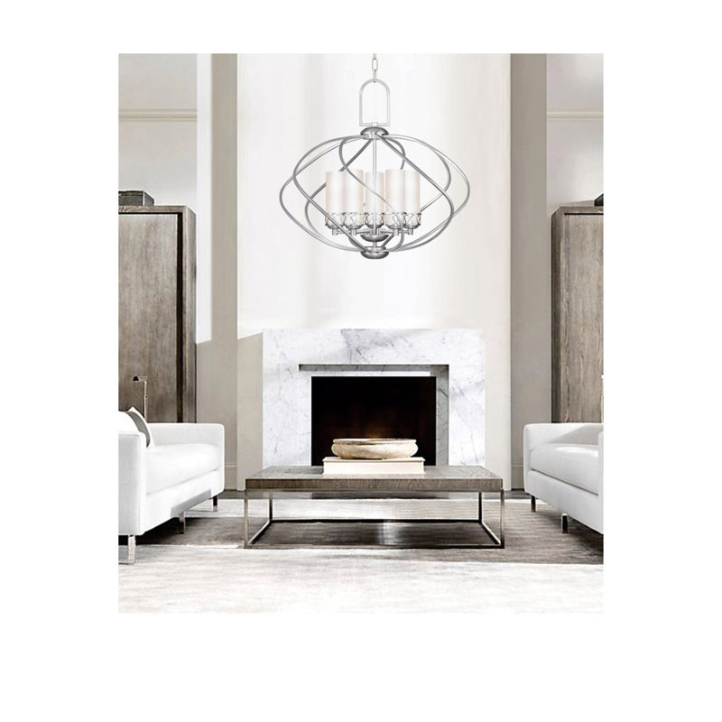 Lustre géométrique classique à 5 lumières Tayaba, H 21 po x l 27 po x P 17 po, Nickel brossé