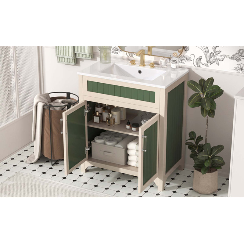 Ensemble de meuble-lavabo 30 po avec lavabo en céramique, meuble de rangement moderne avec cadre réglable en bois massif