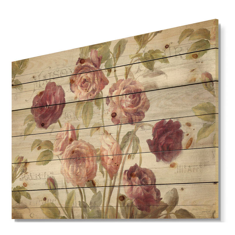 Roses françaises I - impression campagnarde sur bois de pin naturel, H 30 po x l 40 po x P 1,5 po