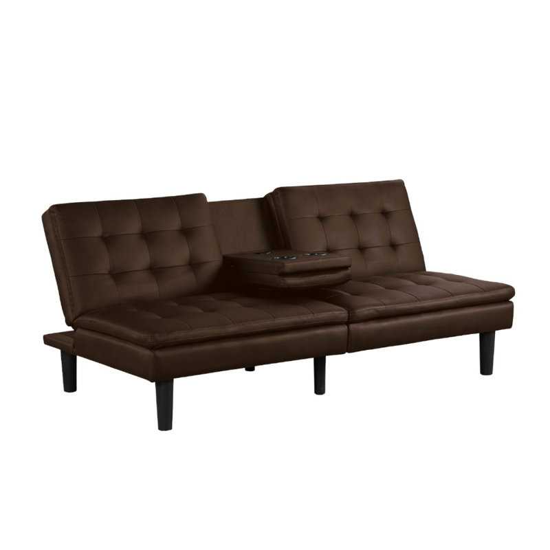 Futon canapé-lit de style contemporain à finition brune, siège convertible en siège capitonné et dossier rabattable avec porte-gobelet USB