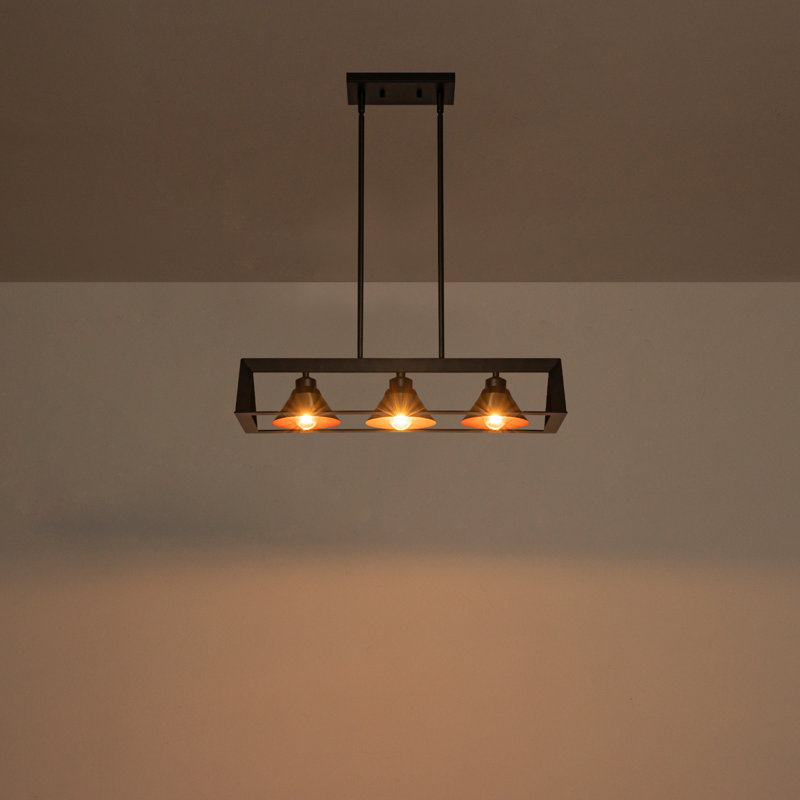 Lustre linéaire pour îlot de cuisine avec cadre noir mat et abat-jour conique doré - 3 ou 5 lumières, hauteur réglable, homologué ETL