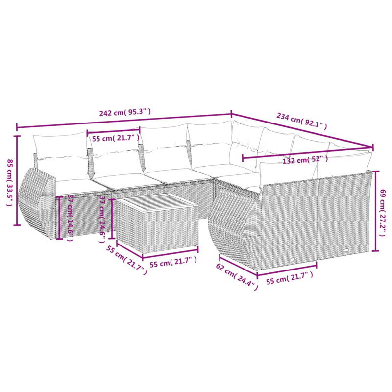  Ensemble de canapé de jardin modulaire en rotin gris