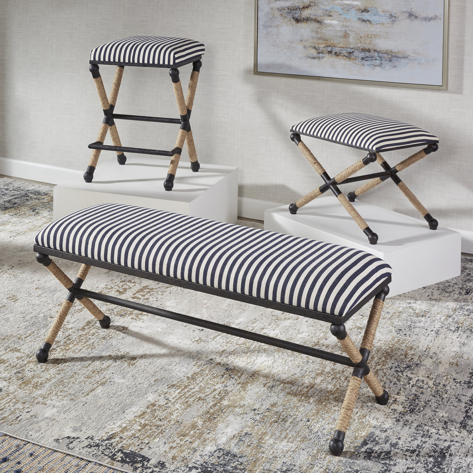 Faline 28" Bar Stool, Blue/White striped 