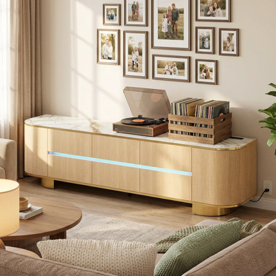 Media Console With LED, Power Outlet & 6 Drawers – Marble Look, UV High-Gloss