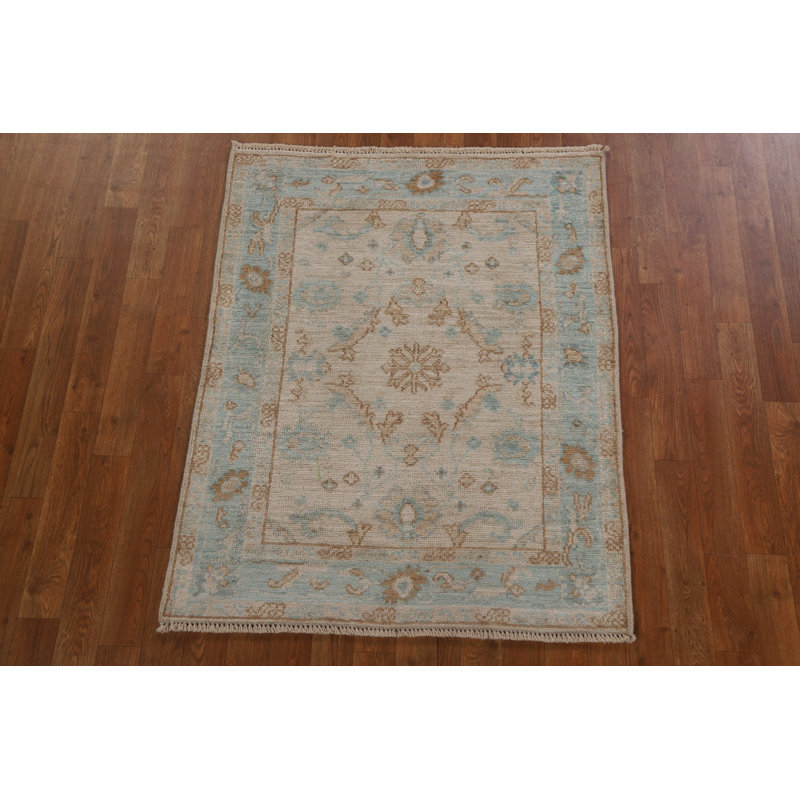 Tapis beige en laine noué à la main de conception unique 3 pi 1 po x 3 pi 11 po New Age