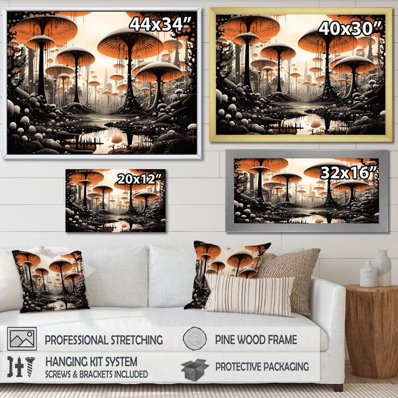 Illustration rétro de champignons magiques rouges I - impression, Cadre simple noir, H 30 po x l 40 po x P 1,5 po